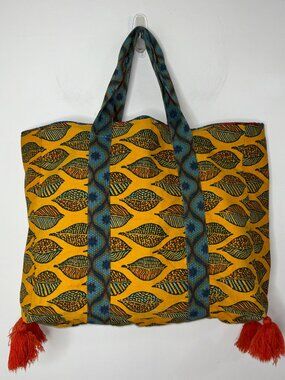 Boho Block-printed Leaf Pattern Tote Shopper Shoulder Bag Tassels Cotton